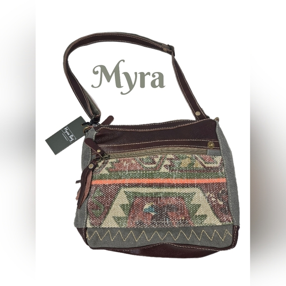Myra Lugini Shoulder Bag Rixh Canvas & Leather Trim Adj. Strap Rustic Cowgirl - Picture 1 of 15
